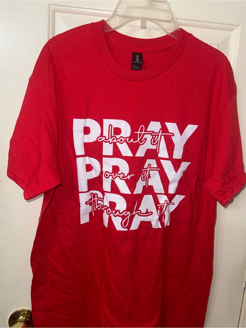 Gildan Red Tee with White "PRAY" Graphic